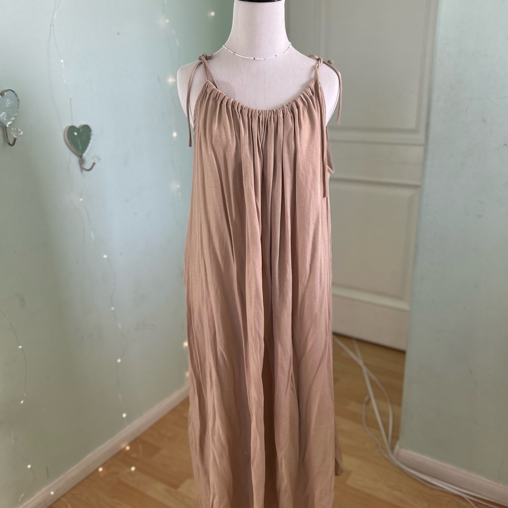 Oversized Tan Crepe Maxi Flowy Dress